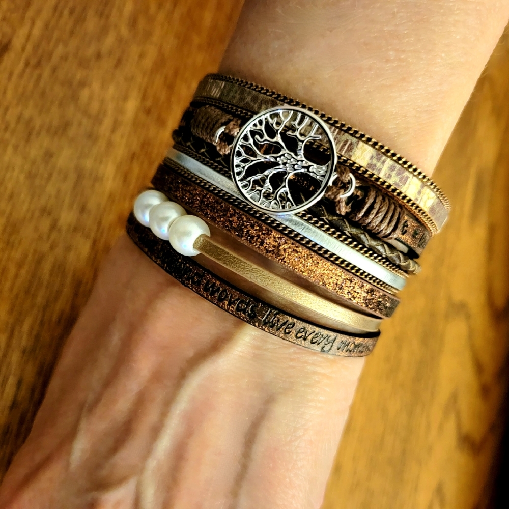 Tree of Life Stacked Bracelet Brown Faux Pearls Silver Magnetic Clasp